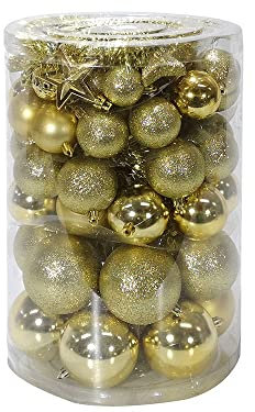Set 82 Decorazioni per Albero di Natale Oro. Kit Composto da 12 Palle da 8 cm, 18 Palle da 6 cm, 5 ghirlande Dorate, 12 Palle da 5 cm, 15 Palle da 4 cm, 10 Stelle da 7 cm e 10 pigne.