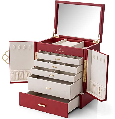 Vlando Large 5 Layer Jewellery Box, PU Leather Jewellery Organiser with Removable Jewellery Tray for Necklace Earrings Rings Bracelets, Jewellery Storage Display Case for Women Gift, Red