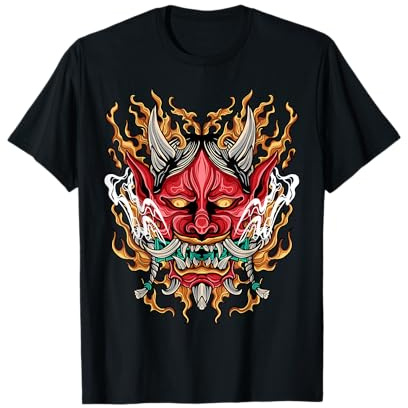 Oni Yokai Dämonen Teufel Geschenk Bekleidung DMTRY Herren Demon Oni T-Shirt Schwarz Kurzarm Crew-Neck Klassisch Einfarbig S