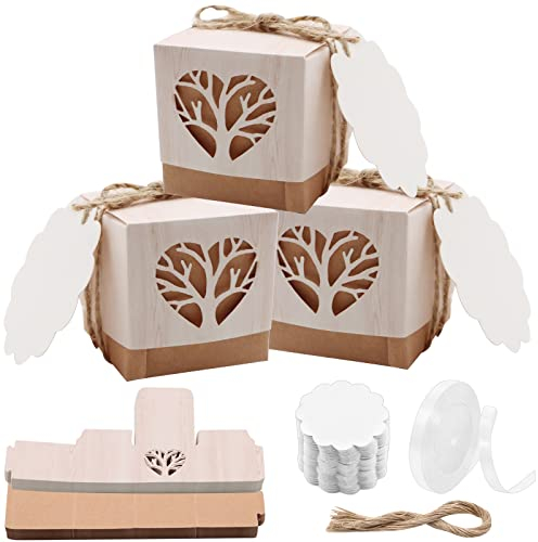 VEGCOO 50PCS Boîtes à Dragées Baptême en Forme de Arbre de Vie, Boite Communion, Boîte Cadeau Mariage, Coffret Bonbons Baptême avec Corde(Forme de Cœur)