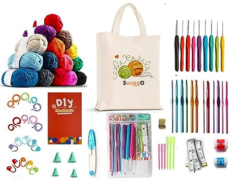 SusggO 73 Pezzi Set Uncinetto completo Kit Uncinetto Principianti Amigurumi - 15 Gomitoli Cotone di Latte - aghi all'uncinetto - Accessori Manuale e Borsa - Uncinetto Set DIY