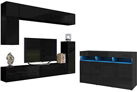 BROMARKT Premium Wohnwand Wohnzimmer Set 7 Teile – Wohnzimmer Schrank - Wohnzimmer Möbel mit Wandschrank und Kommode – Wohnwand Modern - Wohnzimmerschrank Komplett Möbel - Hochglanz Schwarz