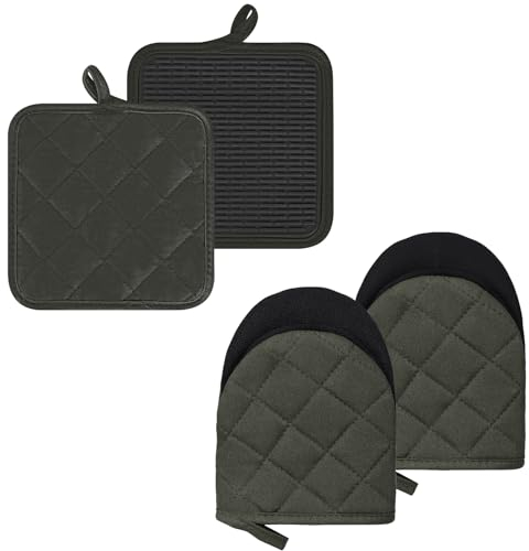 4 Stück kurze Ofenhandschuhe und Topflappen-Sets, hitzebeständiges Silikon Küche Mini Ofenhandschuhe für 500 Grad, rutschfester Griff und Aufhängeschlaufe, Handschuhe, Mikrowelle, maschinenwaschbar