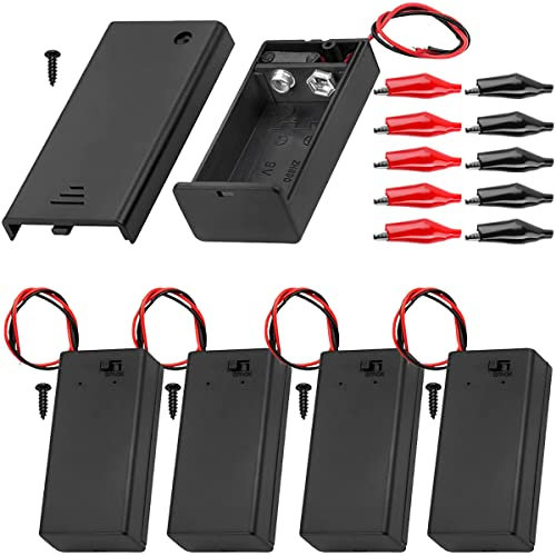 MKBKLLJY 5Pcs 9v Battery Holder Base Box, 9 Volt Black Battery Case Holder with Switch, 9v Battery Case with ON/Off Switch,Wire,Cover,Alligator Clips,and Mounting Screws,for DIY and dc equipment