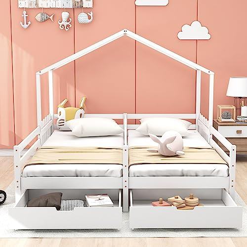 LINTAIZUO Doppelbett 200x90cm, Kinderbett mit Rausfallschutz und Gitter, Babybett mit 2 MDF-Schubladen, Schubladen auf Rollen, weiße Kiefernplatte