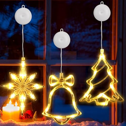 BrizLabs Fenster Weihnachtsbeleuchtung, 3 Stück Innen Fensterlichter Weihnachtsbaum Glocke Nordstern Batteriebetriebene Hängend Saugnäpfe für Weihnachten Bäume Haus Außen Garten Balkon Party, Warmweiß