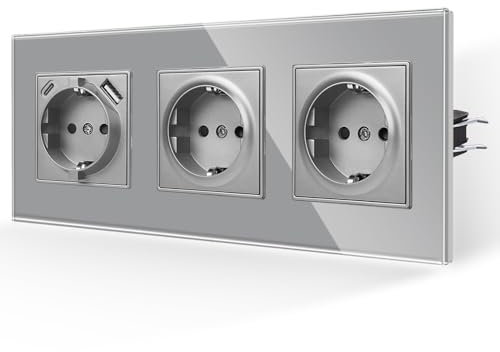 JIMEIDA 3 Enchufes (2*Enchufe Normal,1*Enchufe USB) en Gris,Enchufes de Vidrio de 16Amp con Carga Rápida USB y Puerto Tipo C 228 * 86mm,250V