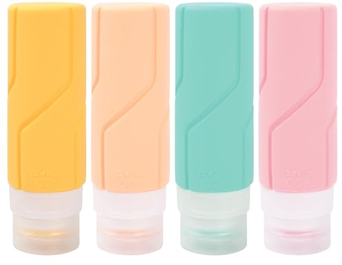 Daelesr 4 Pièces Rechargeables Pressible Contenant, 100 ml Bouteilles de Voyage Portables, Bouteilles de Distribution en Silicone avec Sac Transparent pour Toilette (Vert teint jaune rose)