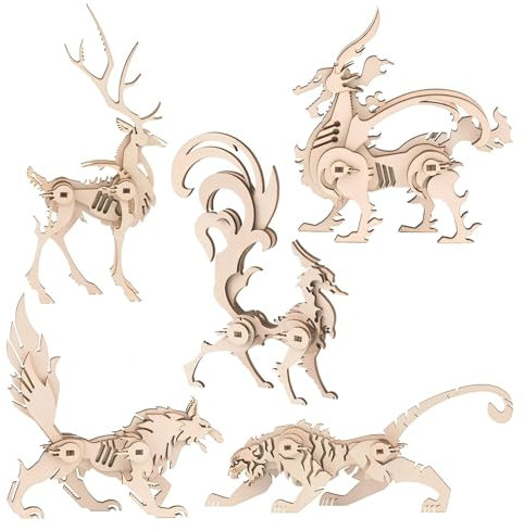 Woodcraft Construction Kits, 5 Pieces 3D Wooden Animal Puzzle DIY Animal Model Building Wood Tiger Wolf Deer Fox Qilin Craft Jigsaw for Kids Adults
