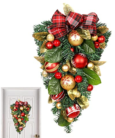 Aizuoni Weihnachts-Türkranz | Künstlicher Tannenbau -Weihnachtskranz Mit Grüngoldenen Blättern Und Kugeln - Türdeko Weihnachtsdeko Für Haustür Treppe Wand Windows