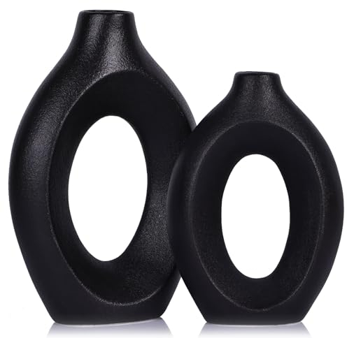 Schwarze Vase, 2er-Set, Moderne, Hohle, mattschwarze Keramikvase, dekorative Pampasgras-Blumenvase im Boho-Stil für Wohnzimmer, Hochzeit, Schlafzimmer, Küche, Esstisch und Bürodekoration