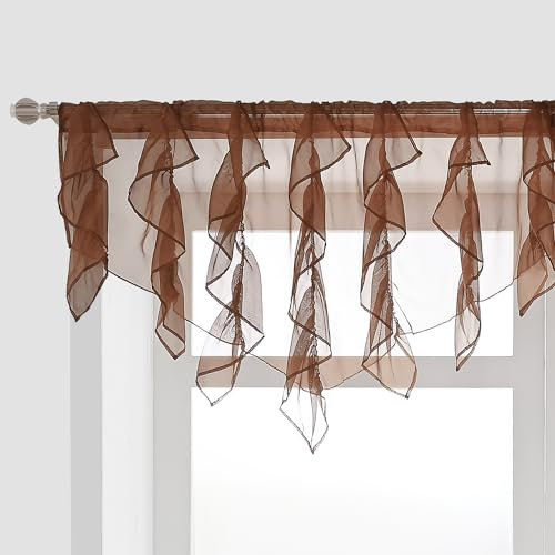 PearAge Gerüschter Voile-Vorhang, halbtransparent, für Küche, Wohnzimmer, Shabby-Chic, Rüschen-Volant, Mädchen, Töchter, Schlafzimmer, Kaskade, Fenstervolant, 132 x 66 cm (braunes Dreieck)