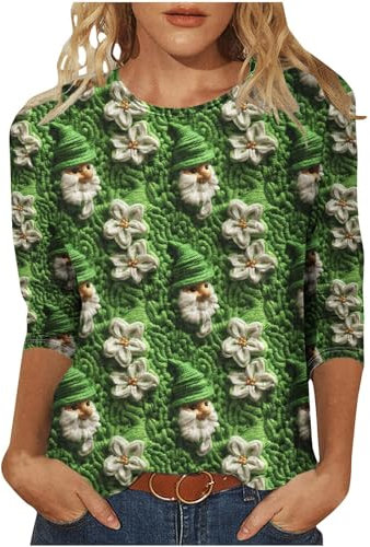 St. Patrick's Day Pullover Damen 3/4 Ärmel Bluse Irisches Kleeblatt Druck Tshirt Regular Fit Oberteile Bequem Tunika Shirt Gnom Wichtel Motiv Tops Langarmshirt Rundhals Pulli T Shirts Hemden
