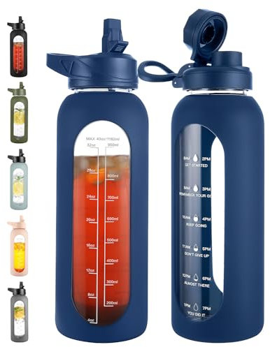 CIVAGO Bouteille d'eau en verre de 1200 ml avec paille et poignée, grande bouteille d'eau de motivation sportive avec marqueur de temps et 2 couvercles, carafe d'eau étanche avec manchon en silicone