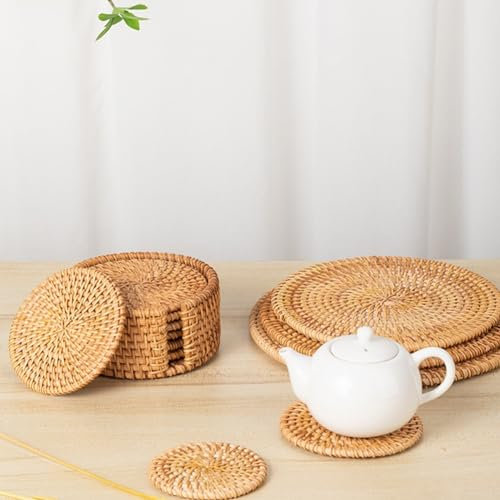 Lot de 6 dessous de verre ronds en rotin tissé à la main (20 cm)