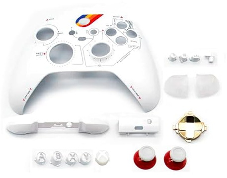 Custom XSS XSX Extra Shell Top Cover Plate + Buttons White Red Replacement, for Xbox Series X/S Wireless Controllers, for Starfield Edition Faceplate + ABXY, D-Pad, Thumbsticks 17-teiliges Set
