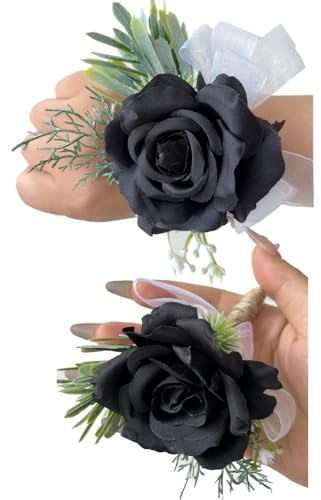 eamve Set di 2 bouquet da polso con rose artificiali e fiore all'occhiello, da uomo, per feste di nozze, balli, ghirlande fai da te, petali per capelli, cappelli, fiori da sposa (nero)