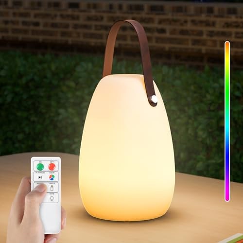 FUYO Outdoor Tischlampe mit Griffe aus Leder, Dimmbare Tischlampe Kabellos LED Akku Tischleuchte Warmweiß 8 Farben Farbwechsel Tragbare Gartenlampe für Schlafzimmer Außen BBQ Garten (Glatte)