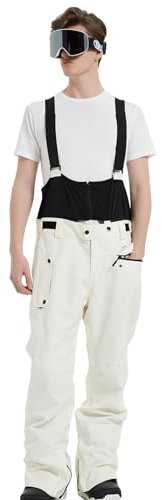 HOUZONIY Pantaloni da sci da uomo, impermeabili, in softshell, invernali, con calda imbottitura, con spalline rimovibili, beige., L