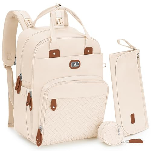 Dikaslon Wickeltasche Rucksack – Großer Wickelrucksack mit viel Stauraum, Wickeltasche groß mit Schnullerhalter, Wickelauflage & Kinderwagengurten – für Mama & Papa (Beige, Einheitsgröße)