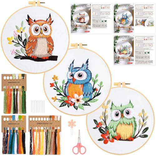 JSRQT 3 Stück Embroidery Set Stickerei Kit Eule Gestempeltes Stickerei Starter für DIY Kunst Handwerk Stickerei Stick Starter Kit Kreuzstich Cross Stitch Set für Anfänger Erwachsene Sticken Nähen