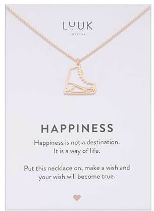 LUUK LIFESTYLE Collier femme avec pendentif patin à glace carte HAPPINESS en acier inoxydable (50 cm), idée cadeau pour elle, anniversaire, Noël, porte bonheur, bijoux minimalistes, Or rose