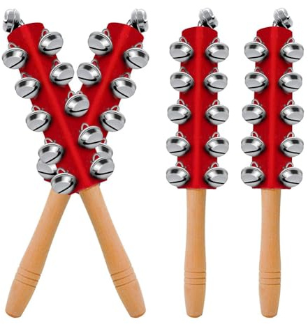Sefdrert 4 Pcs Christmas Bells Wooden Handle Jingle Bells Instrument Musical Hand Bell Musical Percussion Instrument