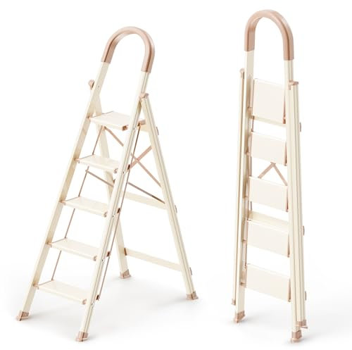 GameGem Escabeau 5 Marches, Tabouret 5 Marches pour Adultes, Pédale Supérieure Élargie avec Bandes Antidérapantes, Escabeau avec Rampe en Éponge et Pieds Antidérapants, Adapté à Un Usage Domestique