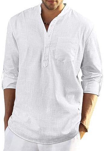 YAOBAOLE Linen Henley Shirt Mens Hippy Shirts for Men Men's Casual Long Sleeve Shirts White M