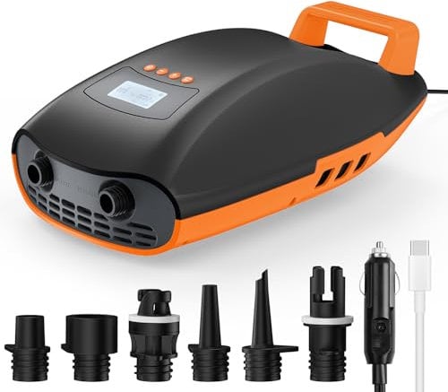 Swonder SUP-Pumpe Akku mit 2X schnellere, 20PSI elektrische Luftpumpe mit intelligenter zweistufiger Funktion, aktive Kühlung, 6000 mAh Akku und Autoadapter für bis 17V DC