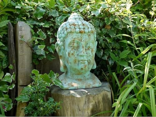 My Square Mile Garden Buddha Ornament Statue Outdoor, Vintage Head Garden Blue Copper Patina Effect, Resin 50 cm Height, 4 kg