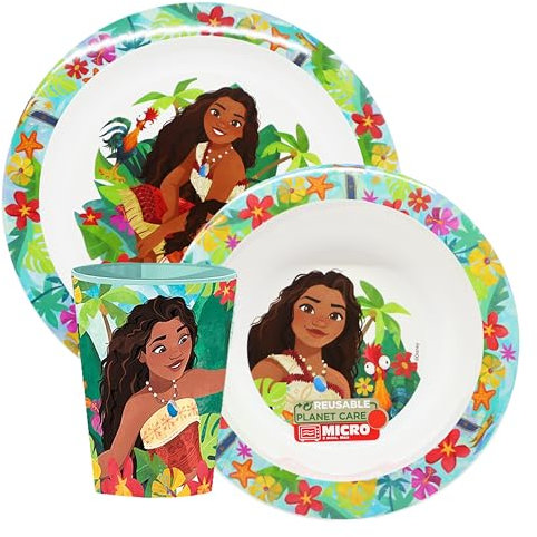 Sorrisini Vaisselle réutilisable pour enfants Vaiana, assiettes enfants pour asile, Scoula, set de gruau bébé avec assiette, bol, verre 260ml, set de sevrage avant gruau en plastique, Vaiana