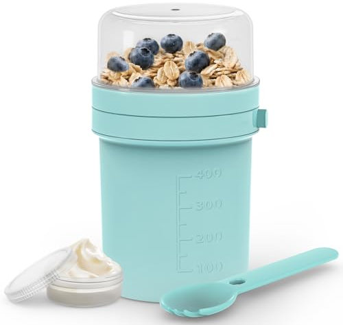 MRUN BONE Müslibecher To Go mit Gabel-Löffel, Auslaufsichere Joghurtbecher To Go, Müslibecher für Unterwegs, Arbeit, Schule, Picknick, 450ml+250ml, (Mint Blau)