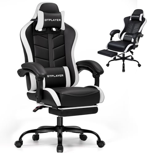GTPLAYER Gaming Chair with Footrest, Computer Chairs for Adults Ergonomic Headrest Lumbar Support Height Adjustable 360°-Swivel Reclining PU PC Chair