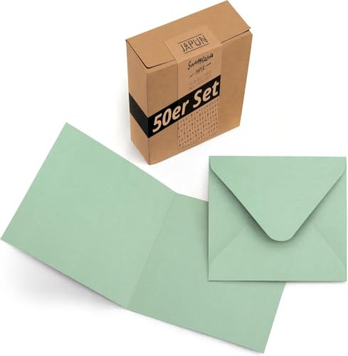 Japun - 50 quadratische Faltkarten inkl. Briefumschläge 145 x 145 mm, grün | Blanko Klapp-Karten Set aus 230 g/m² Papier zum Beschriften und Bedrucken, Kuverts aus 120 g/m² mit Nassklebung, ohne Fenster