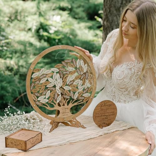 Alternativa al libro degli ospiti per matrimonio personalizzata, con foglie di albero, albero genealogico, decorazione rustica per matrimoni, cartelli e placche per addio al nubilato (40 x 40 cm, 90