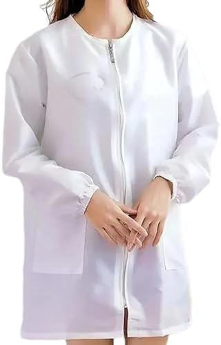HINAYOSAN Grembiule da parrucchiere, a maniche corte/lunghe, con cerniera, per parrucchieri, con tasche, adatto per toelettatori e parrucchieri, bianco, long sleeves