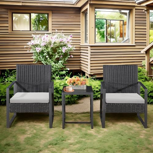 COSMO BUY 3-Piece Outdoor Garden Patio Bistro Chairs with Coffee Table, Outdoor Patio Chairs Set of 2 with Cushion and Coffee Table for Garden, Balcony, Backyard & Poolside (Black)
