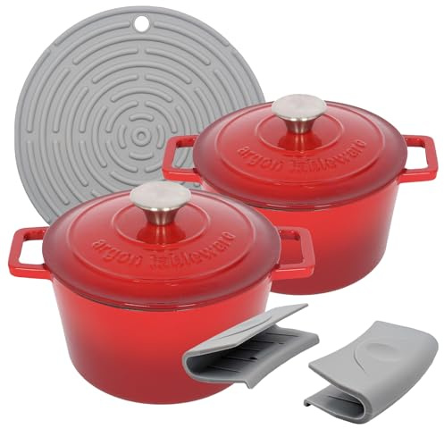 Argon Tableware Round Cast Iron Casserole Dishes with Self-Basting Lid - 2.8L - Red Ombre - 2x Induction Hob Cooking Dutch Oven Bread Baking Serving Roasting Stew Stock Pot Cookware Pan