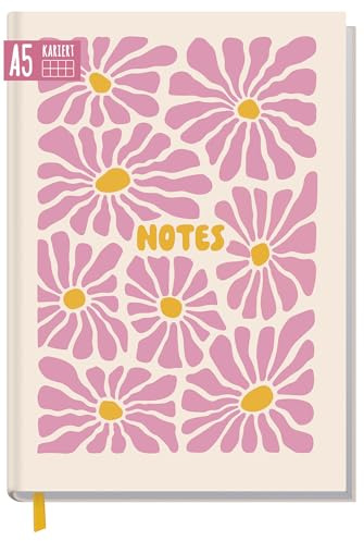 Häfft® Trendstuff Notizbuch A5 kariert - Journal Tagebuch Pink Flowers | 124 karierte & nummerierte Seiten, 90g/m²-Papier, stabiles Flexocover, Lesebändchen - schönes Journaling-Buch, Schreibbuch