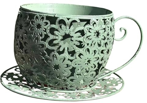 Qianly Pot de Fleurs en Métal, Cache-Pot en Forme de Tasse à Café Ou à Thé, Idéal pour Une étagère, Un Hôtel, Un Cadeau d'anniversaire Ou Une Décoration, Vert