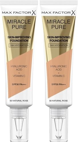 Max Factor Miracle Pure Skin Improving Foundation, Fb. 50 Natural Rose, hautverbesserndes Make-Up mit LSF 30, 30 ml (Packung mit 2)