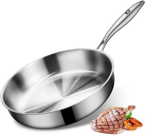 Edelstahlpfanne 28 cm, Edelstahl Pfanne Induktion Unbeschichtet, Stainless Steel Pan 28cm PFAS-, PTFE- und PFOA-frei, Pfanne Edelstahl Elektro, Keramik, Gas Backofen Ofenfest und Spülmaschinenfest