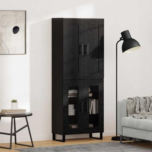 Holamys Armoire haute, aspect chêne, noire, 69,5 x 34 x 180 cm, étagère sur pied, avec 4 portes, buffet moderne pour salle à manger, salon