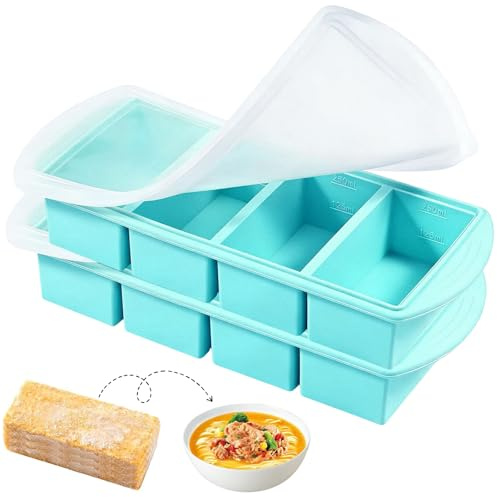 Silicone Freezer Trays with Lids (2 Pack) - 1 Cup & 1/2 Cup Portion Control, Leak-Proof Soup & Sauce Containers, Dishwasher Safe for Meal Prep