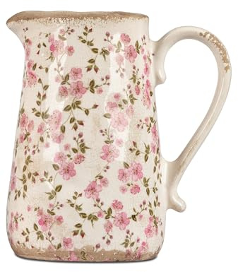 Blumenvase Krug/Vase bauchig in Vintage-Optik 16x15cm aus Keramik mit glasierter Oberfläche und Blüten-Dekor verziert