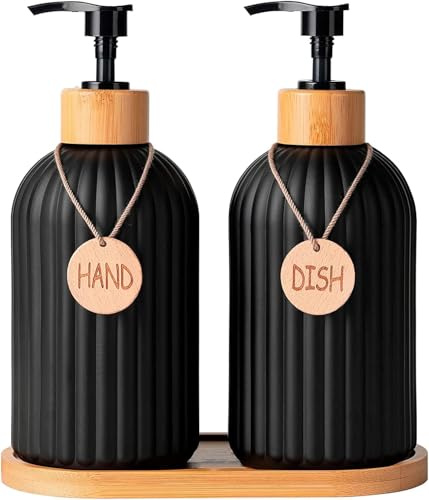 Seifenspender Set Glas Schwarz, 2x430ml – Spülmittelspender & Handseifenspender mit Bambus Pumpe & Tablett – Nachfüllbarer Seifenspender für Küche & Bad Deko – Inkl Holzanhänger