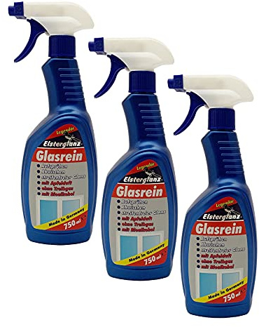 3x 750ml Elsterglanz Glasrein mit Apfelduft, Glasreiniger, Scheibenreiniger, Fensterreiniger, streifenfreier Glanz ohne Treibgas für alle glatten Flächen auch Spiegel, Fliesen usw.