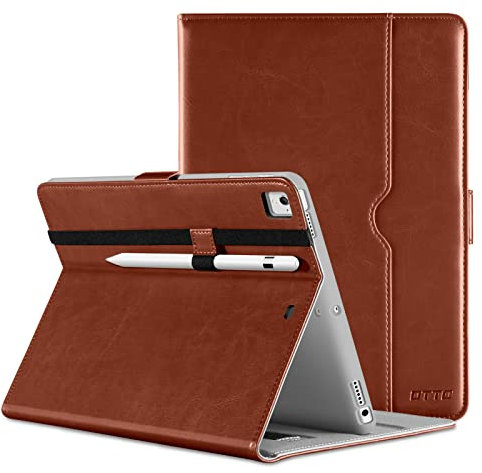 DTTO Hülle für iPad 9,7 Zoll 6./5. Generation 2018/2017 mit Apple Pencil Halter, Premium Leder Folio Ständer Cover Hülle für Apple iPad 9,7 Zoll, passt auch für iPad Pro 9.7/Air 2/Air - Braun
