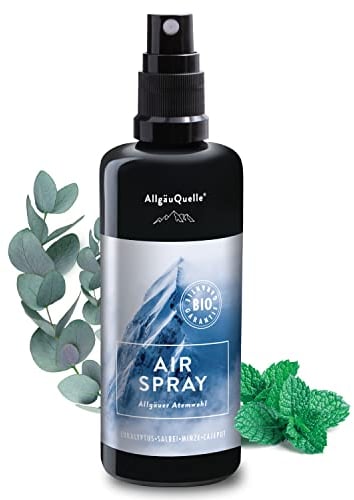 AllgäuQuelle® BIO-Airspray mit 100% Bio-Öle Allgäuer Atemwohl Eukalyptus Salbei Minze Cajeput (100ml). Natürlicher BIO-Raumduft m. ätherische Öle. BIO-Raumspray naturrein und biologisch.